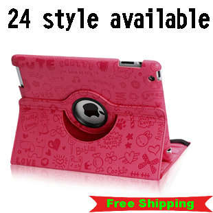 ipad2/Ipad3 Smart Cover/Embossed leather Case/360'Rotating Stand/24 style  Free Shipping