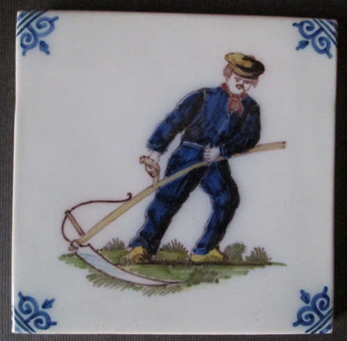 Vintage Royal Tichelaar Makkum Dutch Tile - Farmer and Scythe