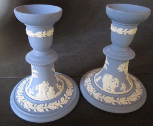 Pair of Wedgwood Blue Jasperware Candle Sticks / Holders