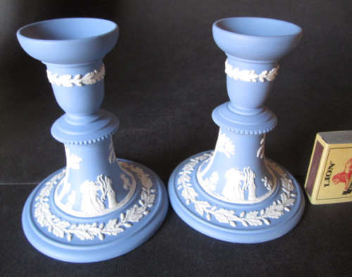 Pair of Wedgwood Blue Jasperware Candle Sticks / Holders
