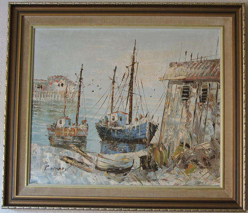 Very Nice Oil on Board Painting of boats, Framed and Signed