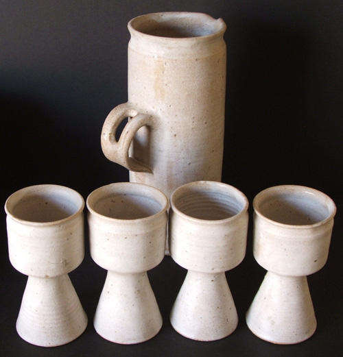 Pottery Wine Pitcher with 4 Goblets