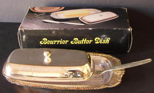 Silver Plated Beurrier Butter Dish with Silver Plated Butter Knife (Glass Dish inside)