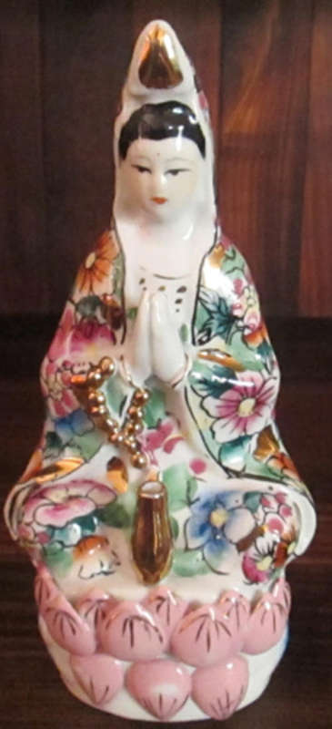 Parvati meditating seated on Lotus leaf with incense holder hand painted and gilded ceramic