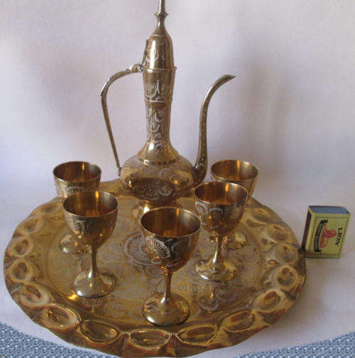 5 Brass Goblets and Brass Urn on a Brass Tray