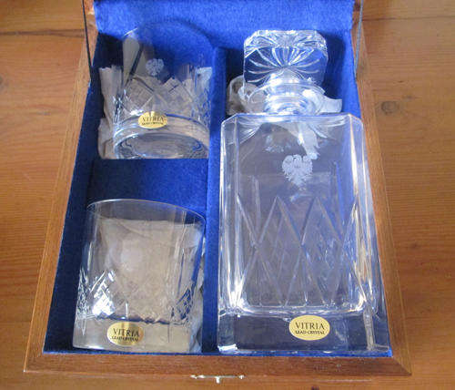 Boxed Vitria Lead Crystal Decanter and 2 Whiskey Glasses