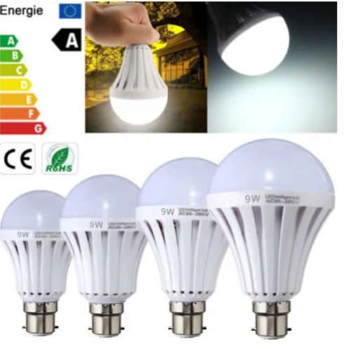 Intelligent LED Emergency Light Bulb. Built in battery to stay lit during power cuts. Pin Type