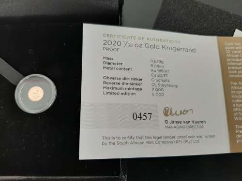 2020 1/50 oz Gold Proof Krugerrand - in box with certificate! R1 Start!