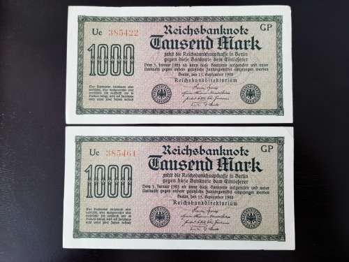 Scarce! German Notgeld in Near Sequence! 2 x 1922 1000 Mark Reichsbanknote!