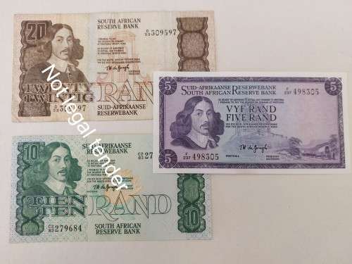 Super Sale! Set of Three TW de Jongh RSA Notes: R20, R10 & R5!