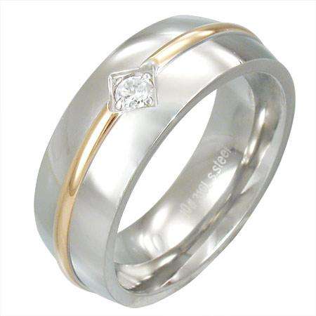 SALE -Stainless Steel 2-tone Burnish-Set Half-Round Band Ring w/ CZ . Size 10