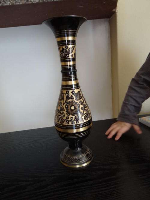BRASS VASE WITH BLACK ENAMEL (33CM LONG X 10CM WIDE)