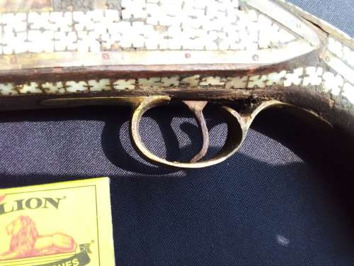 VINTAGE WOODEN GUN WITH PEARL INLAY AND BRASS - HEAVY - 41 CM X 4.5 CM