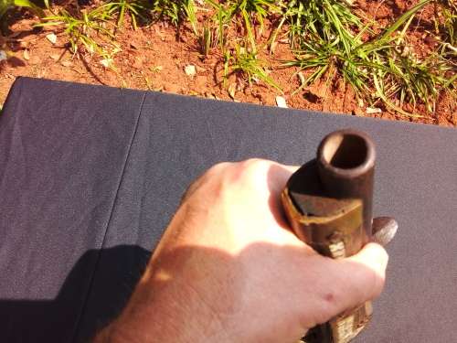 VINTAGE WOODEN GUN WITH PEARL INLAY AND BRASS - HEAVY - 41 CM X 4.5 CM