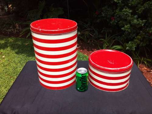 2 x Vintage Red and White Striped Goodhope Ware Tins Set