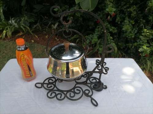 VINTAGE STEEL FOOD WARMER STAND WITH STAINLESS STEEL POT - UNIQUE