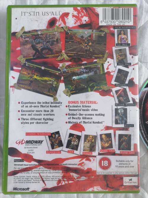 VINTAGE - Xbox Mortal Kombat Deadly ALLIANCE - MADE IN UK - PAL - MINT CONDITION - NO SCRATCHES