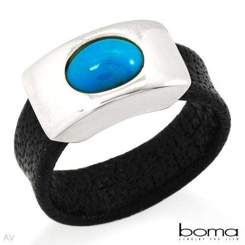 BOMA Elegant and Beautiful Ring With Genuine Turquoise Made of Black Leather and925 Sterling silver
