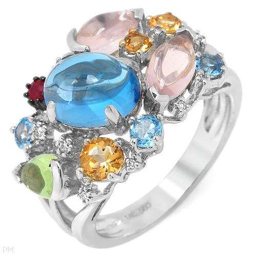Stunning Ring With 5.10ctw Prec Stones - Genuine Nat Color Clean Diamonds,Ruby,Citrines,Peri