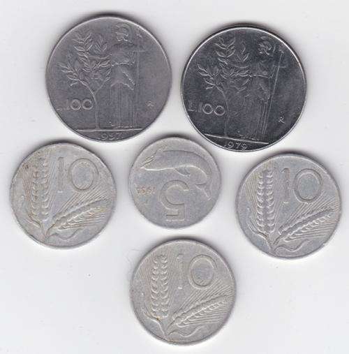 Italy - 6 coins: 100 Lire 1957 & 1979; 10 Lire 1951 & 2 x 1955; 5 Lire 1955