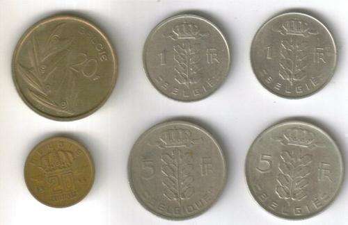 Belgium - batch of 6 coins - 20 Francs, 5 Francs x 2, 1 Franc x 2, 20 centimes