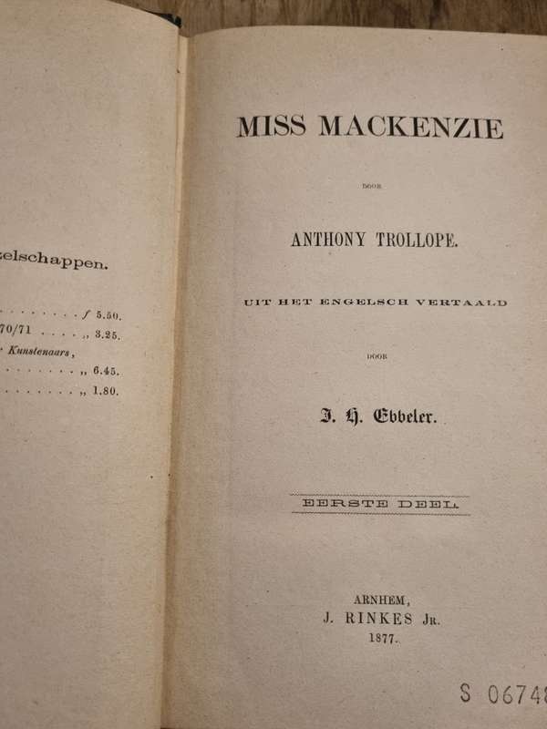 Miss Mackenzie Novel by Anthony Trollope - Dutch translation (all 2 vol.) BONUS - Free antique book!