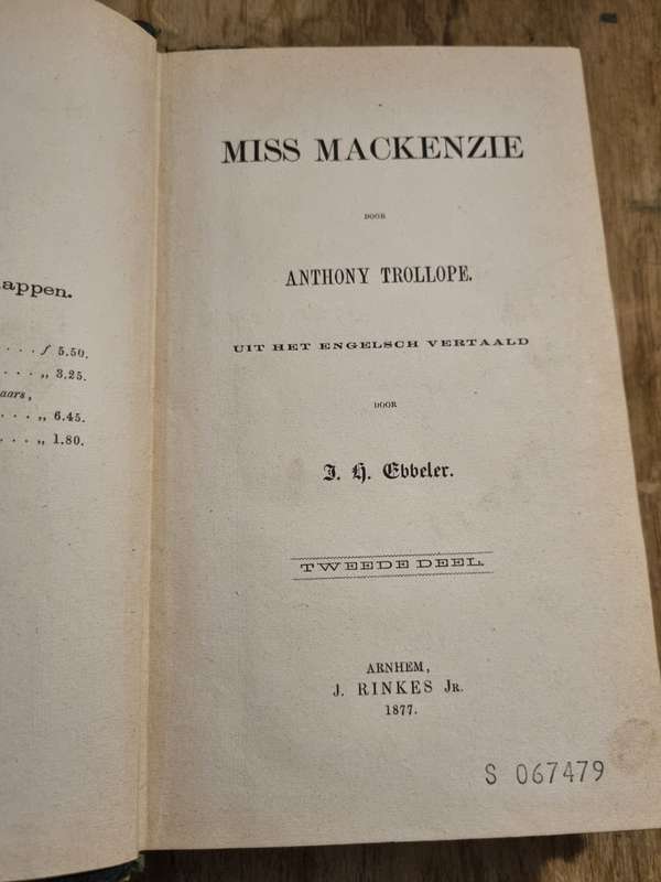 Miss Mackenzie Novel by Anthony Trollope - Dutch translation (all 2 vol.) BONUS - Free antique book!