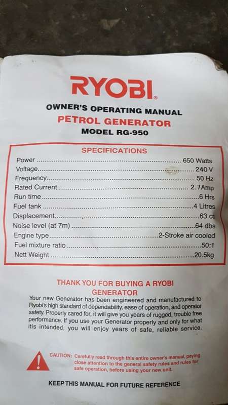 Ryobi 650 watt petrol generator
