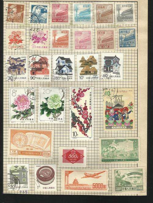 China.  Group of  28 stamps hinged on paper. Mix mint/used
