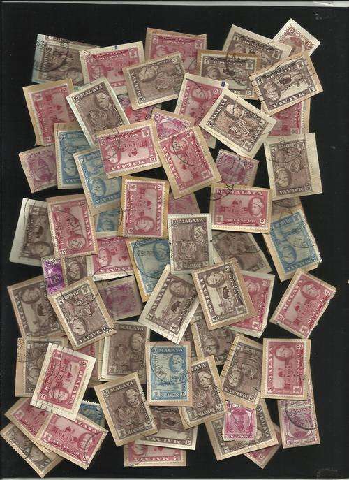 Malaya. More the 80 used stamps on paper. Duplications.