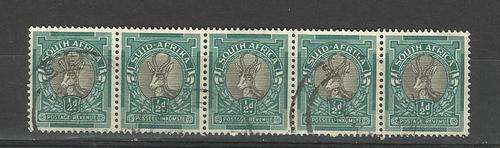 Union.  Strip of 5 x 1/2d Springbok stamps. Used not hinged