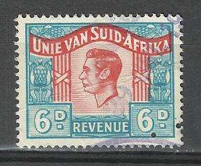 Union.  1 x 6d revenue stamp. Used not hinged. smal stapel holes