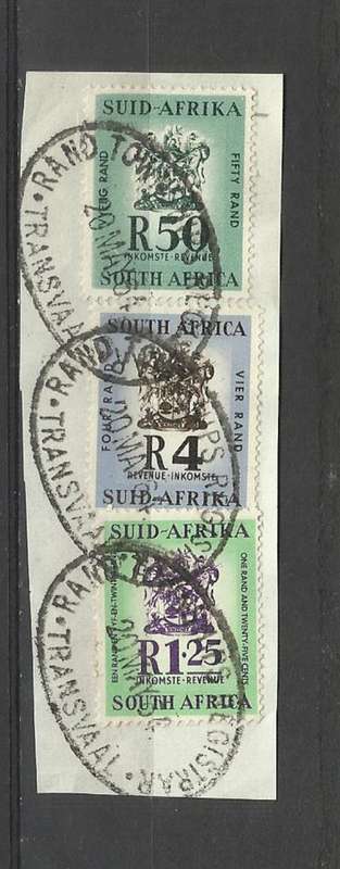 RSA. 3 Used Revenue stamps included R50 on paper. Nice cancellation