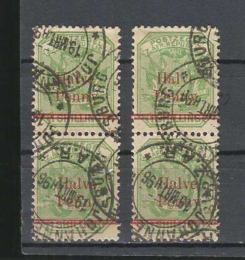 Transvaal. (ZAR). 2 x vertical  overprinted pairs. Nice cancelation. Used slightly hinged
