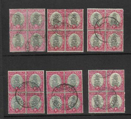 Union. 6 Blocks of 4 x 1d stamps each. Used slightly hinged