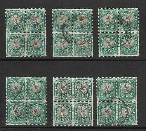 Union. 6 Blocks of 4 x 1/2d stamps each. Usedhinged on some stamps.