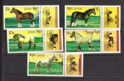 Kampuchea. 5 horse stamps. Used not hinged