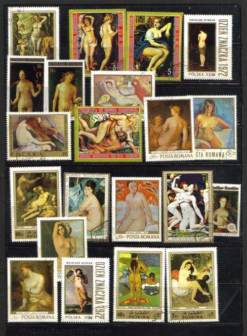 Worldwide. A nice selection of 21 nude painting stamps. Used/hinged