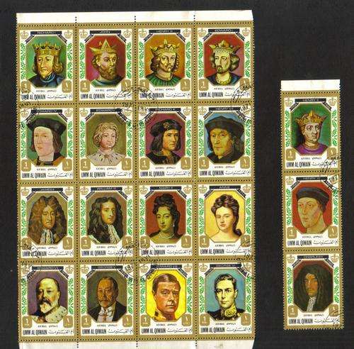 Umm Al Qiwain. 19 stamps in block and strip. Kings and queens of England. Used not hinged