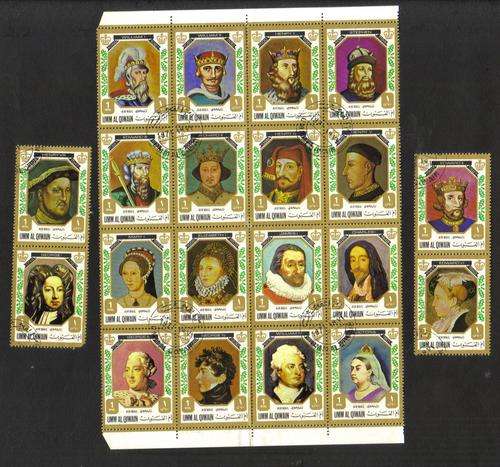Umm Al Qiwain. 20 Stamps in block and pairs. Kings and queens of England. Used not hinged