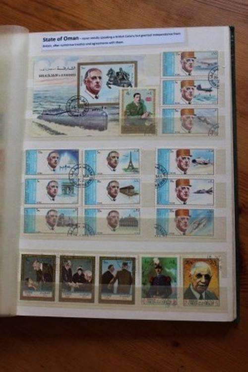 Collection of worldwide stamps, food stamps (WWII) and some paper currency