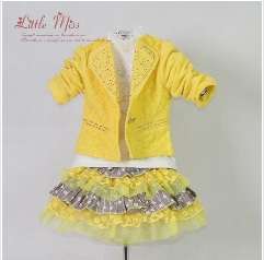 Lace Flower Embroidery Yellow Girl Coat And T-Shirt And Tutu Skirt (1-3 Years)