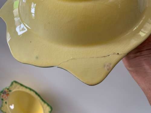 Beautiful Crown Devon yellow `garden path` dessert bowl - repaired