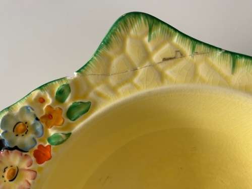 Beautiful Crown Devon yellow `garden path` dessert bowl - repaired