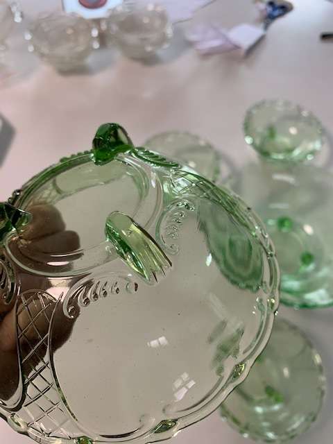 Magnificent pale green art deco glass dessert set - 7 pieces for one bid