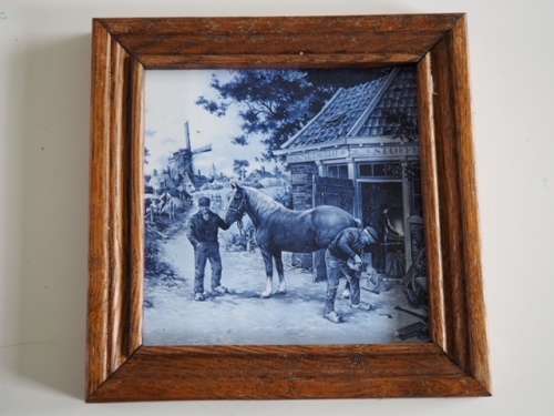Royal MOSA Holland framed tile - blacksmith and draft horse scene