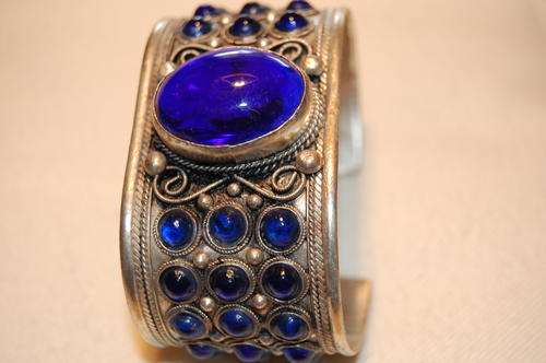 TIBET SILVER INLAY BLUE JADE CUFF --ABSOLUTELY STUNNING