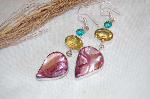 BEAUTIFULL PINK PEARL , BLUE QUARTZ AND CITRINE DANGLE EARRINGS