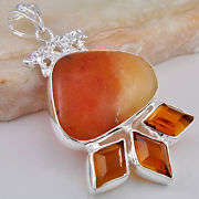 HANDEMADE NATURAL AGATE AND CITRINE(LAB CR) PURE 925 STERLING SILVER PENDANT