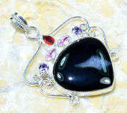 STUNNING HANDMADE NATURAL BLACK AGATE PINK TOPAZ , AMETHYST AND GARNET SILVER ELECTRO PLATED PENDANT